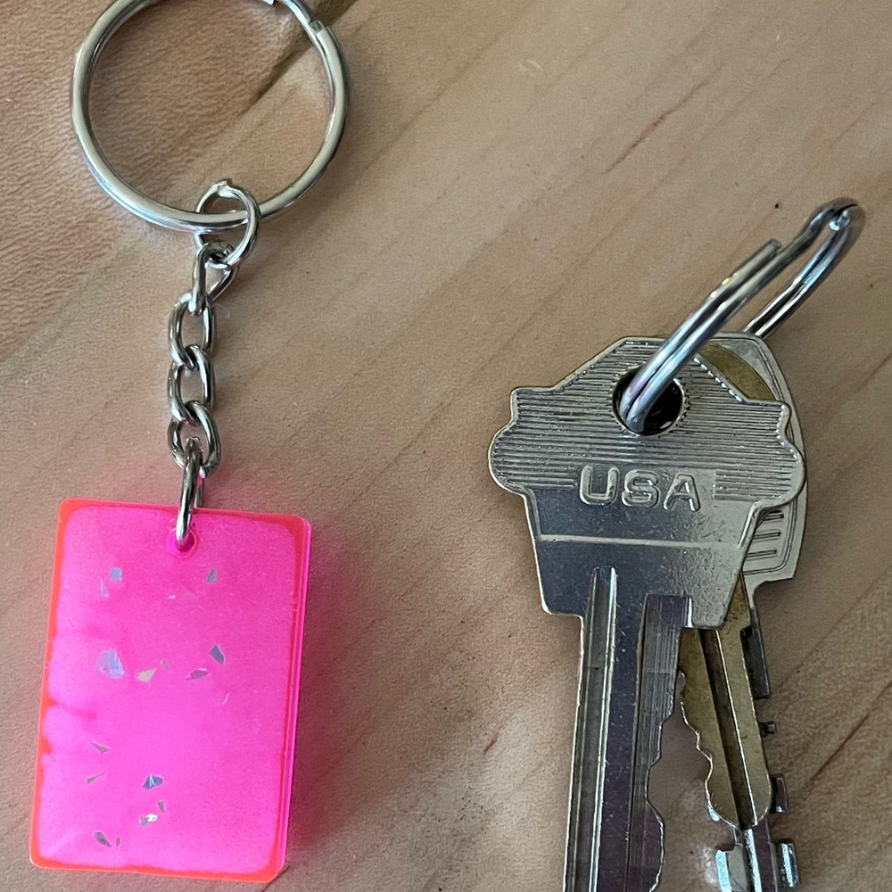 One-of-a-kind Pink, Rectangular, Silver, Glitter Pendent Resin Key Chain